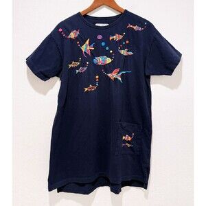 Vintage Swan Magic S / M Womens Embroidered Cotton Fish Pocket Shirt Dress Blue